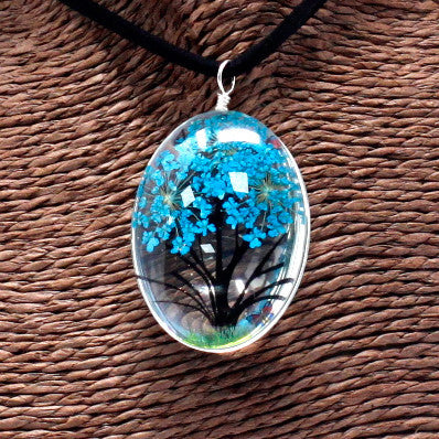 Pressed Flowers - Tree of Life - blue green